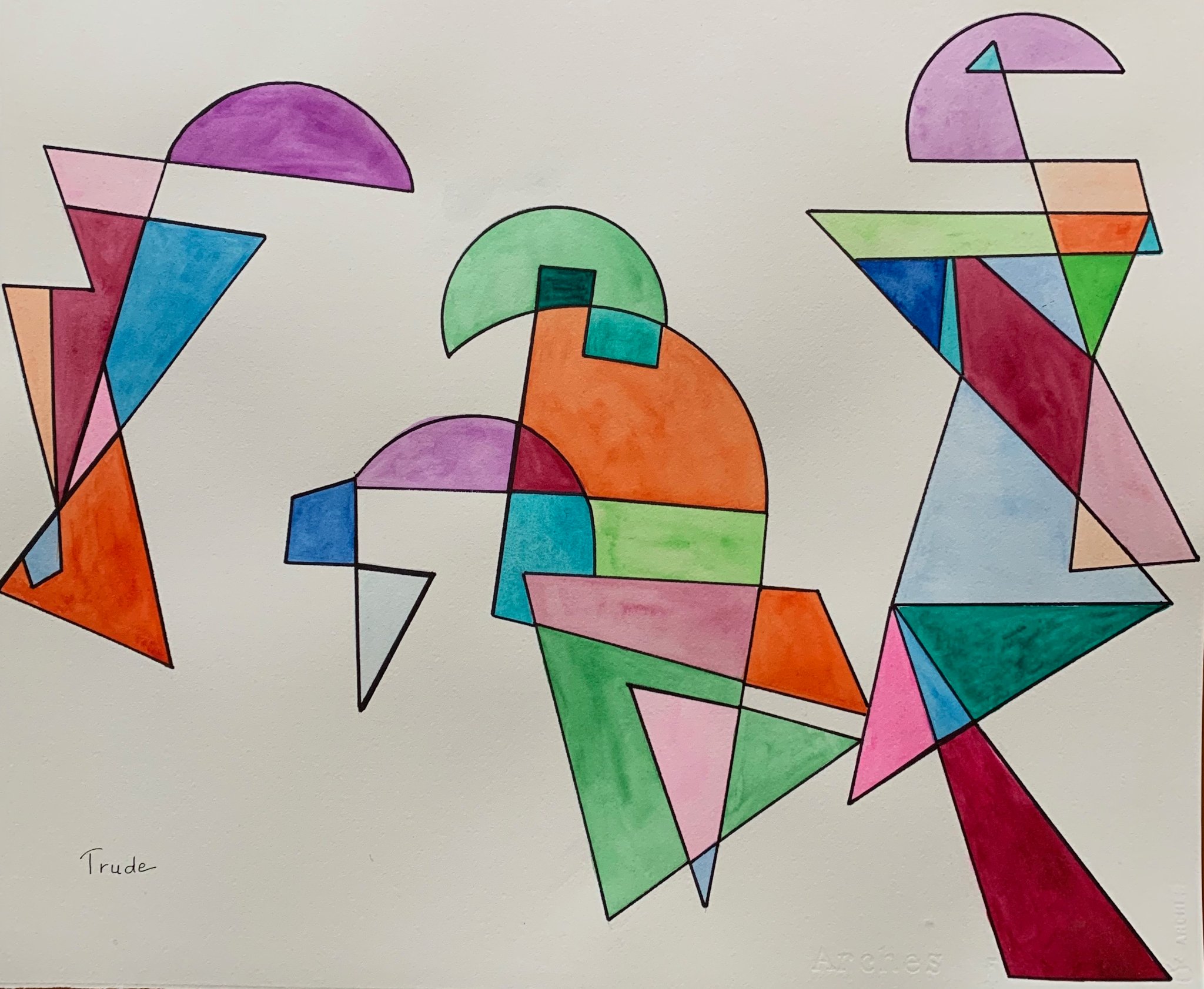 Stained-glass geometric shapes in blue, green, teal, mauve and lime on cream